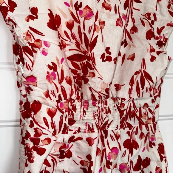 Banana Republic Linen-Cotton Red/Pink/White Floral Mini Dress V-Neck - Size 2 - Picture 8 of 11